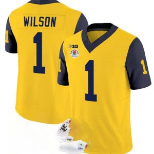 M.Wolverines_1RomanWilson2023F.U.S.E.YellowNavyRoseBowlPatchStitchedJersey