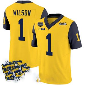 M.Wolverines_1RomanWilsonYellowNavy2024F.U.S.E.With2023NationalChampionsPatchStitchedJersey