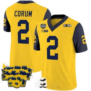 M.Wolverines_2BlakeCorumYellowNavy2024F.U.S.E.With2023NationalChampionsPatchStitchedJersey-1